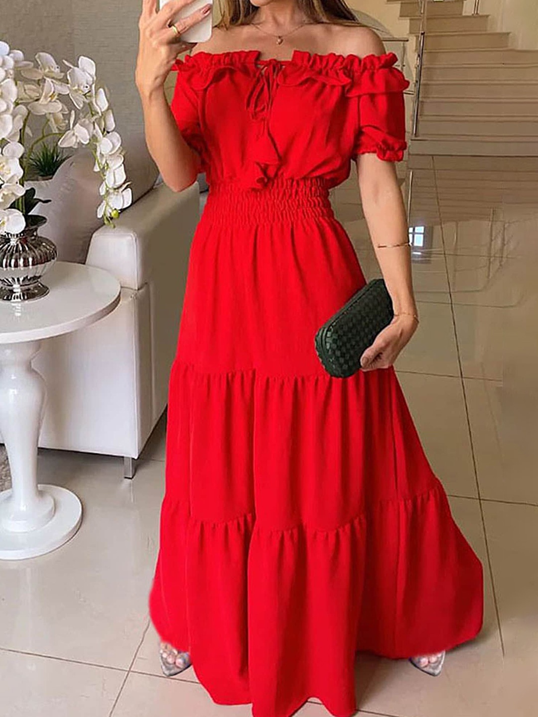 

LULU & SKY Red Off-Shoulder Flutter Sleeve Maxi Dress