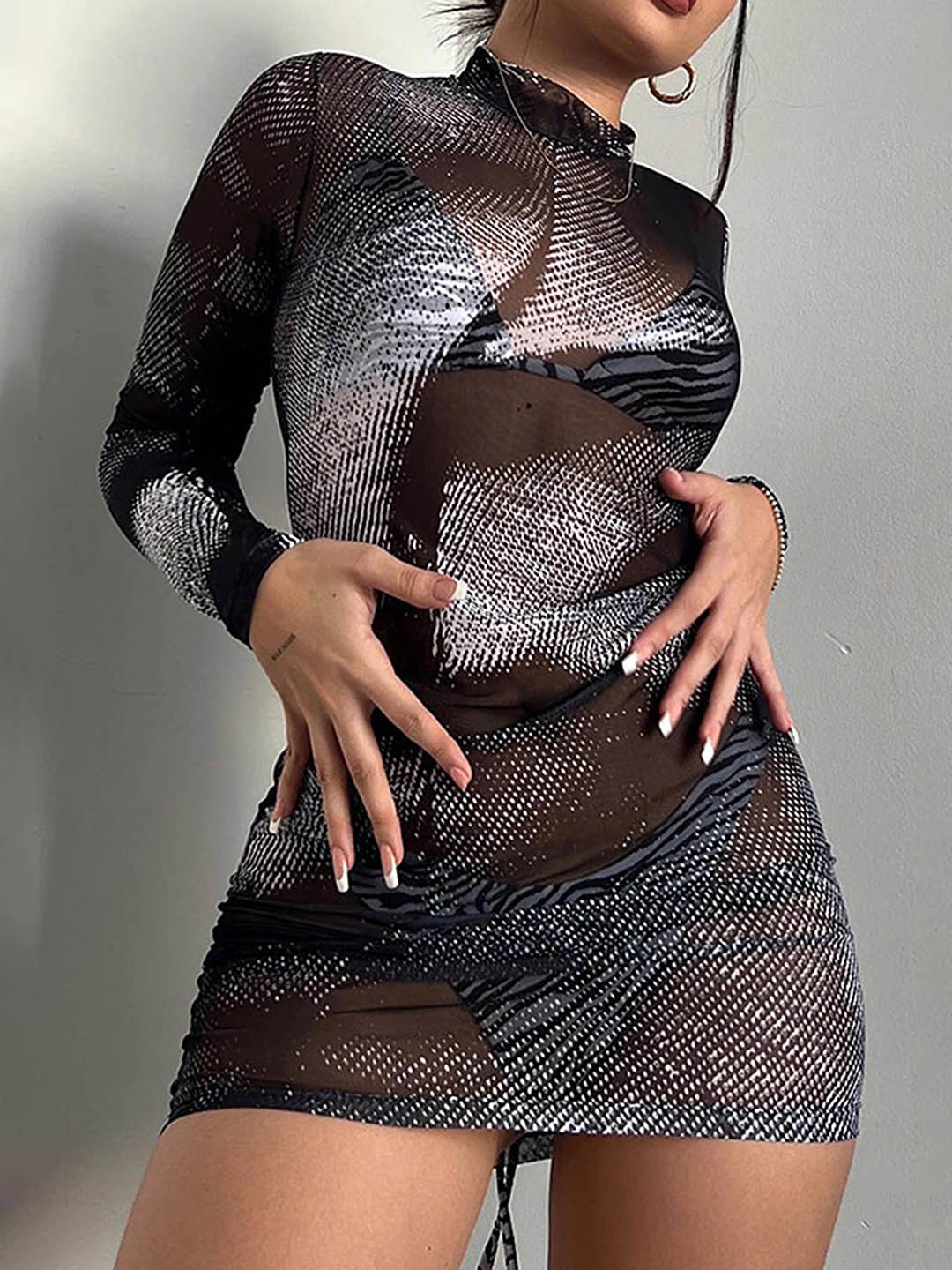

LULU & SKY Printed Sheer Bodycon Mini Dress, Black