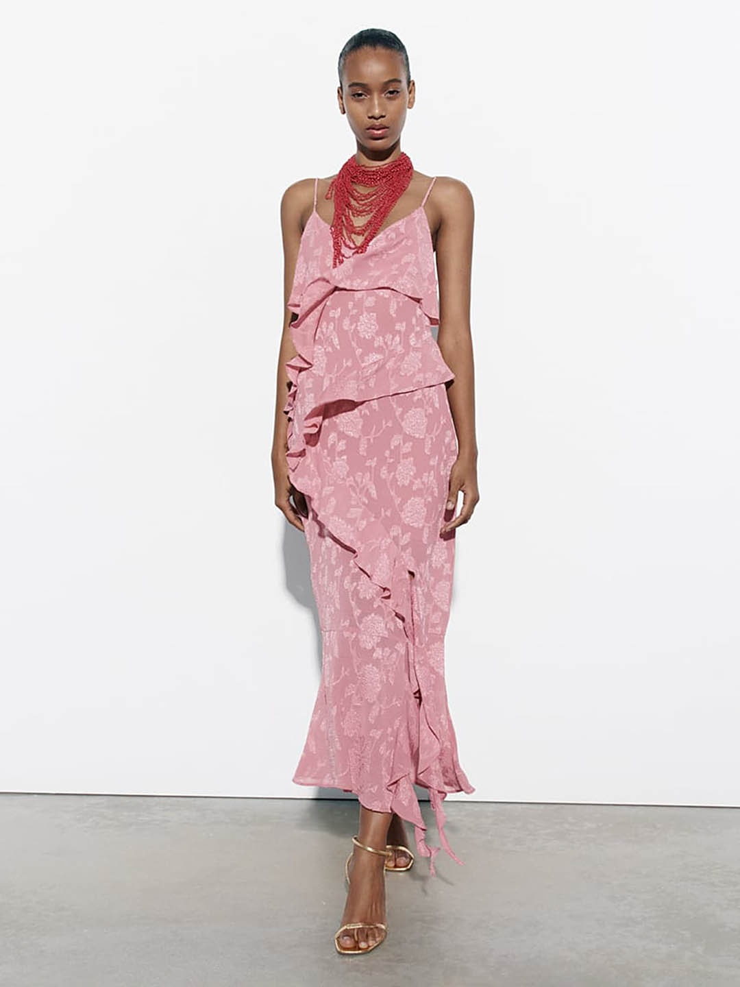 

LULU & SKY Floral Printed Ruffled Midi Sheath Dress, Pink