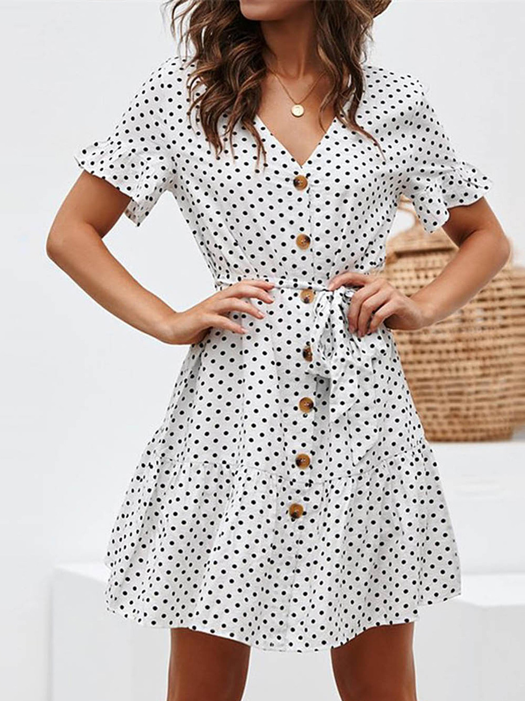 

LULU & SKY Polka Dot Printed V-Neck A-Line Dress, White
