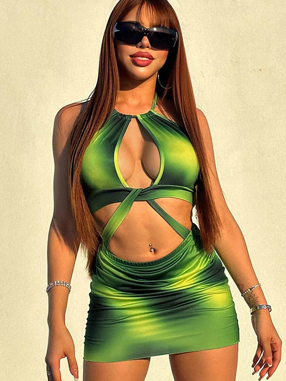 

LULU & SKY Tie & Dye Twist Detail Bodycon Mini Dress, Green