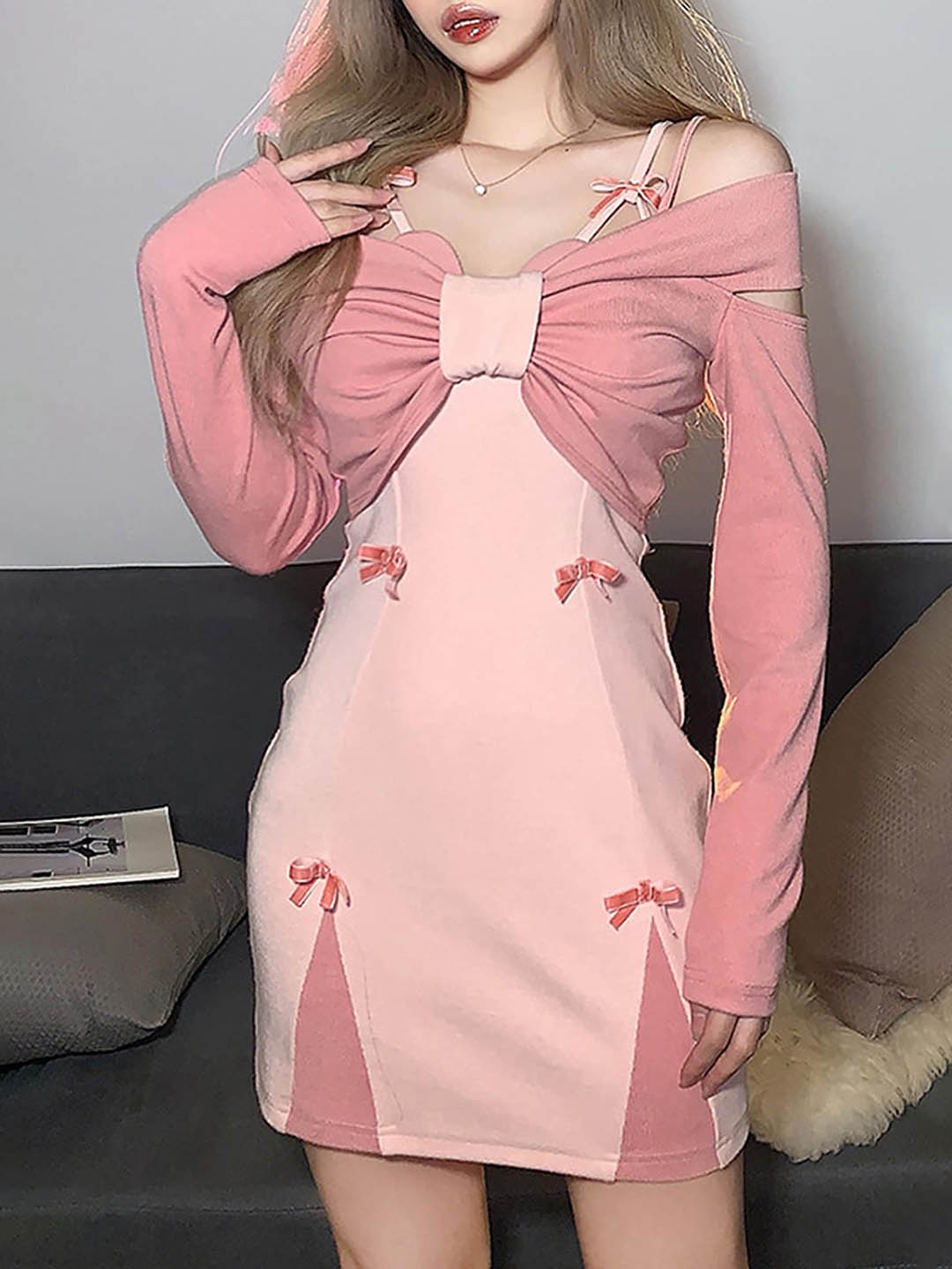 LULU & SKY Cold-Shoulder Sleeves Bow Detailed Sheath Dress, Pink