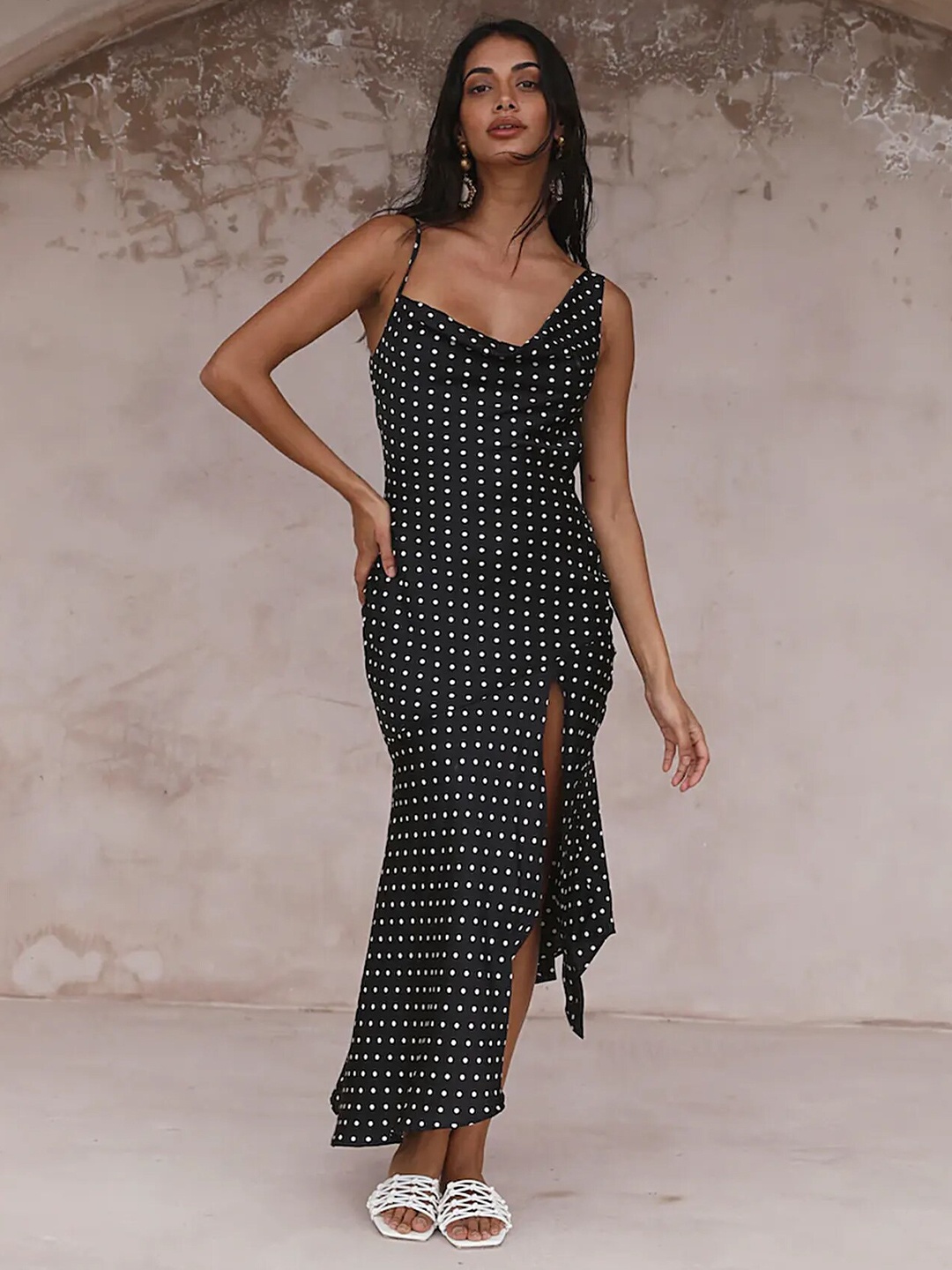 

LULU & SKY Polka Dot Printed Cowl Neck Gathered A-Line Midi Dress, Black