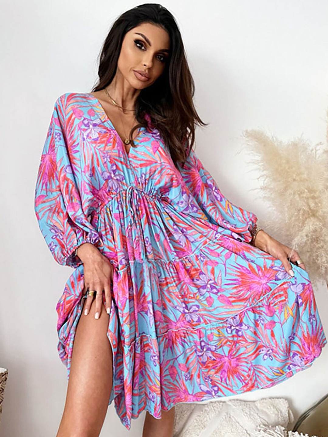 

LULU & SKY Floral Printed Puff Sleeves A-Line Dress, Blue