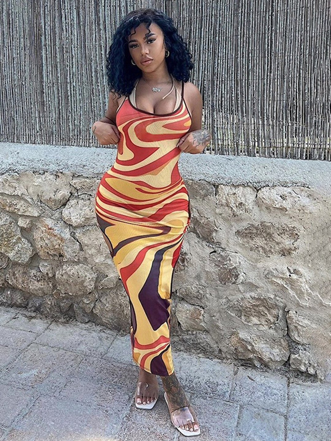 

LULU & SKY Abstract Printed Shoulder Straps Cut-Outs Semi Sheer Bodycon Dress, Orange