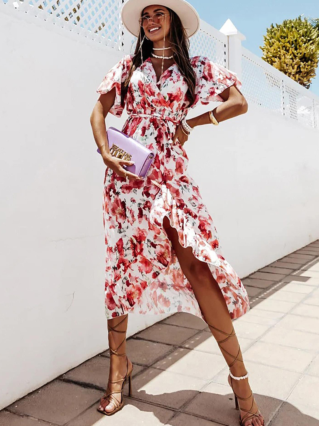 

LULU & SKY Floral Printed Wrap Midi Dress, Red