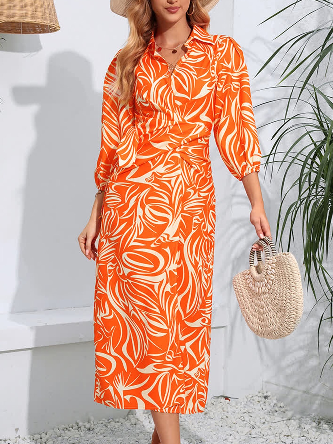 

LULU & SKY Abstract Printed Shirt Collar Midi Wrap Dress, Orange