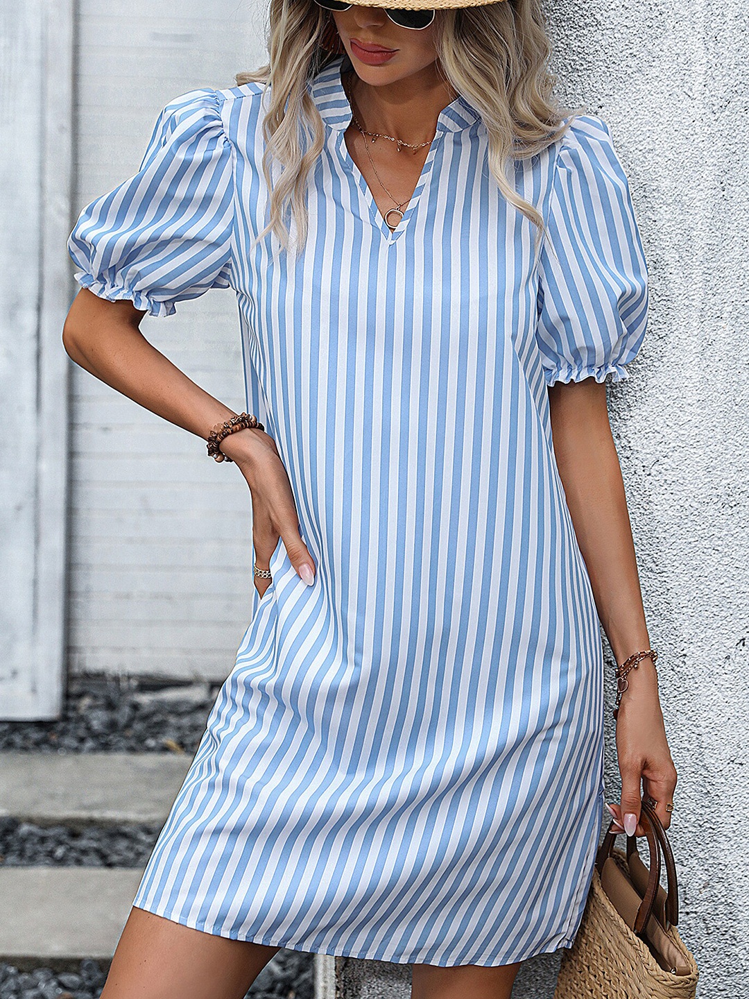 

LULU & SKY Striped Mandarin Collar A-Line Dress, White