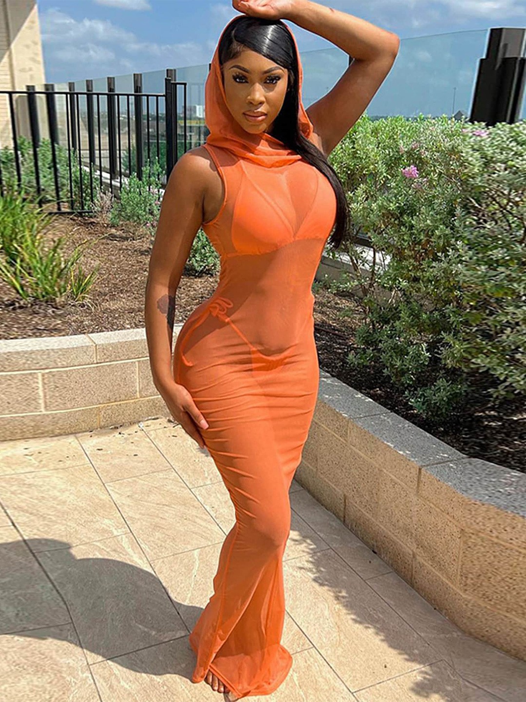 

LULU & SKY Hooded Bodycon Maxi Dress, Orange