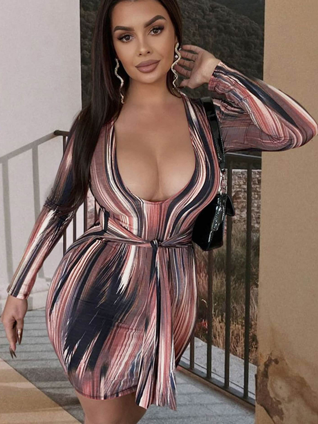 

LULU & SKY Striped Scoop Neck Bodycon Mini Dress, Brown