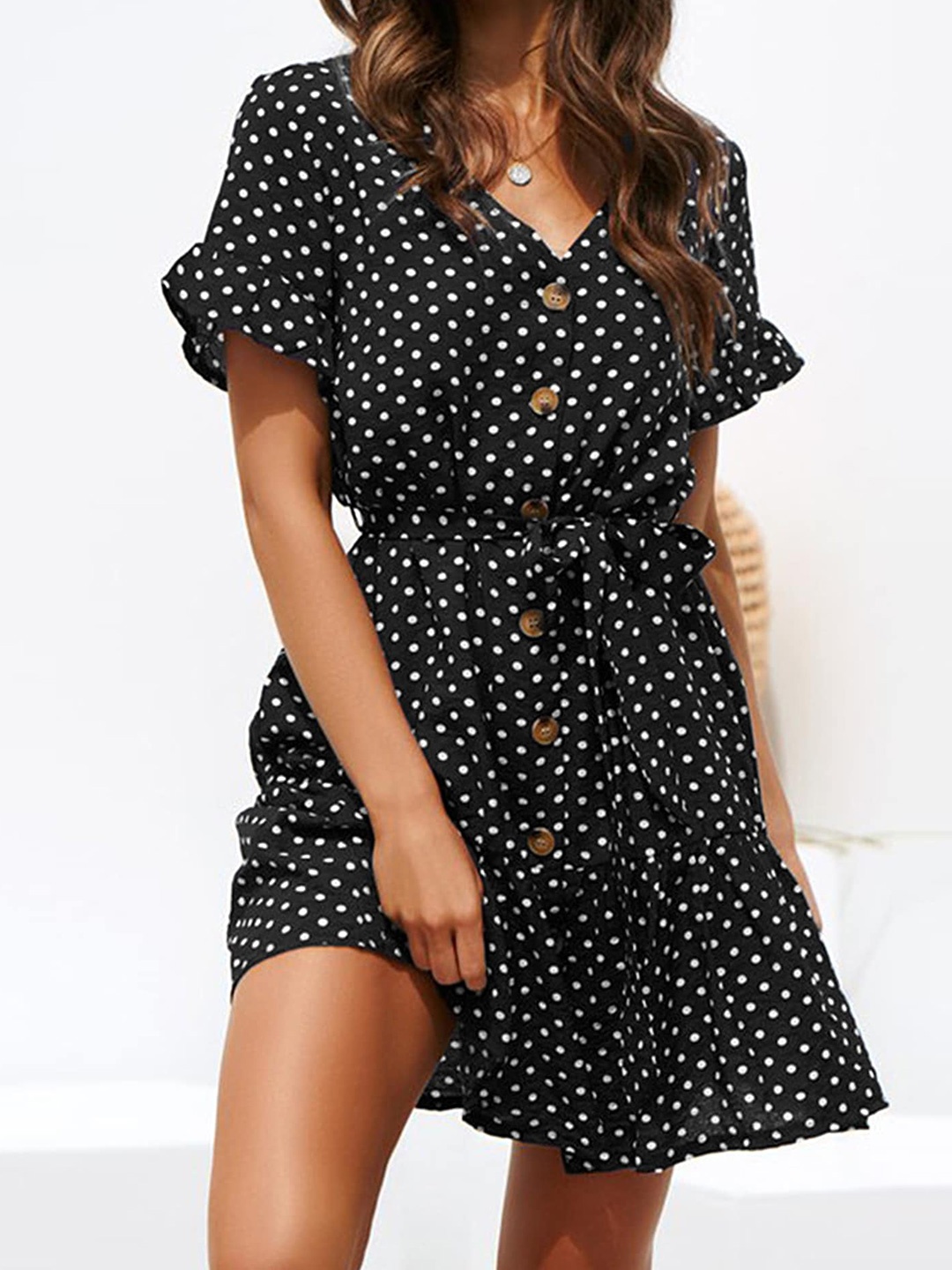 

LULU & SKY Polka Dots Printed Tie Ups A Line Mini Dress, Black