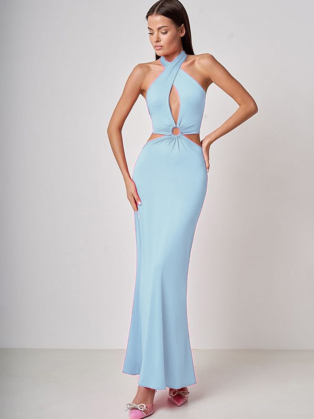 

LULU & SKY Halter Neck Cut-Out Bodycon Maxi Dress, Blue