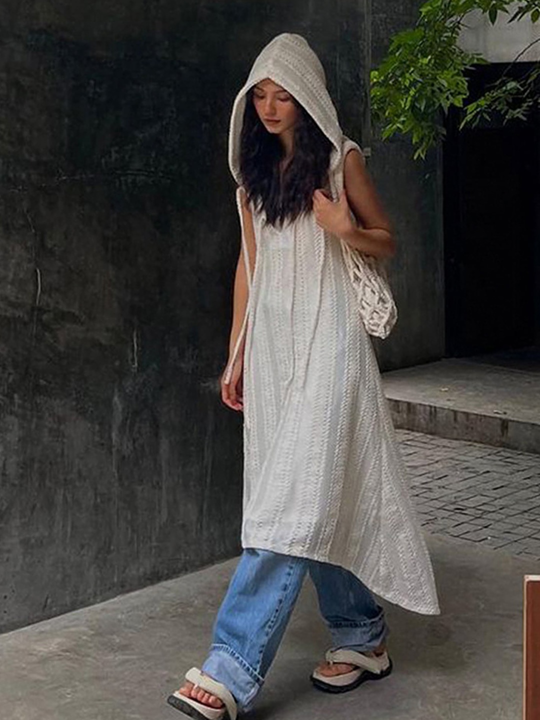 

LULU & SKY Hooded Self Design A-Line Dress, White