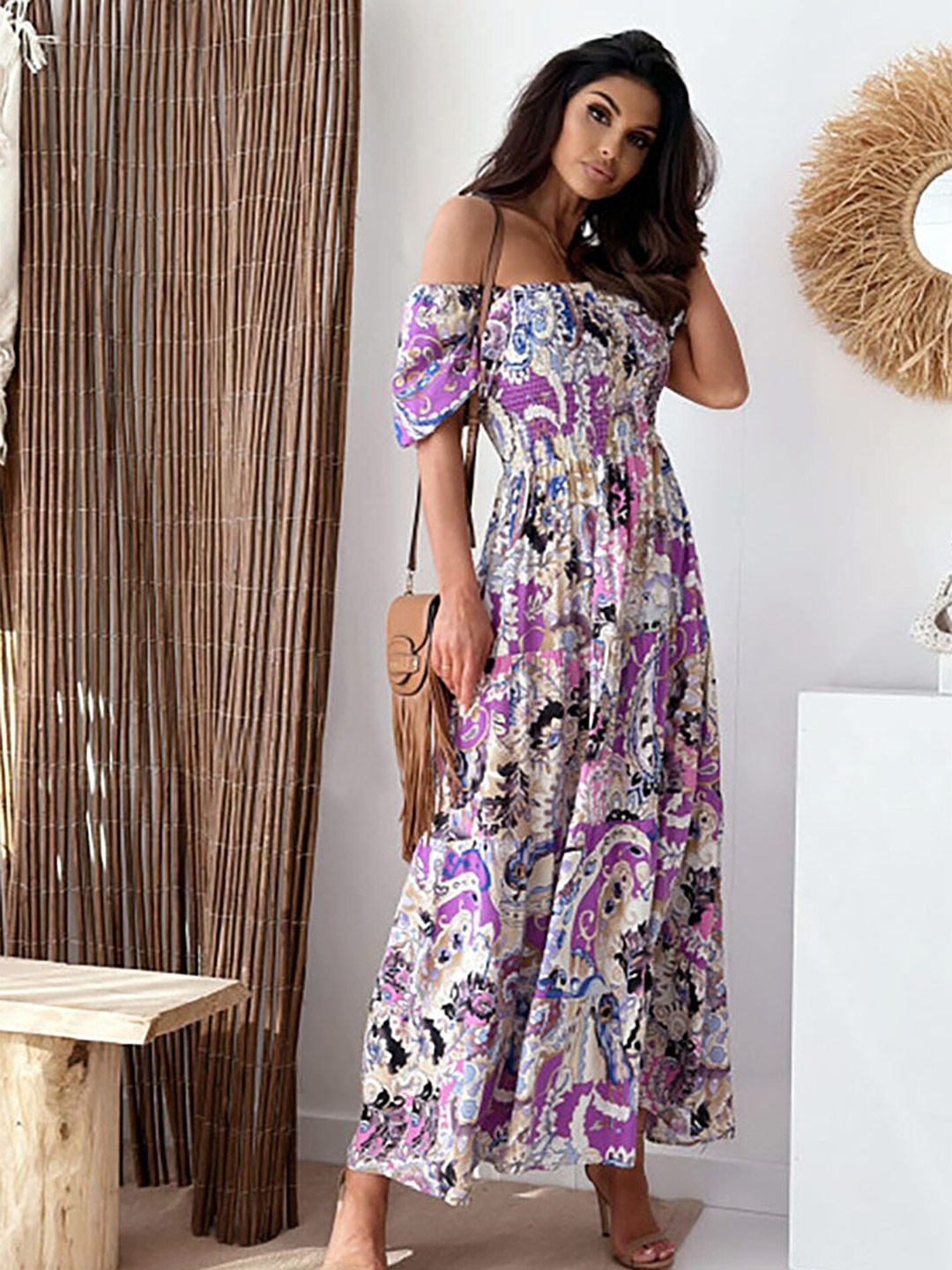 

LULU & SKY Floral Printed Off-Shoulder Smocked Puff Sleeve Maxi Dress, Purple