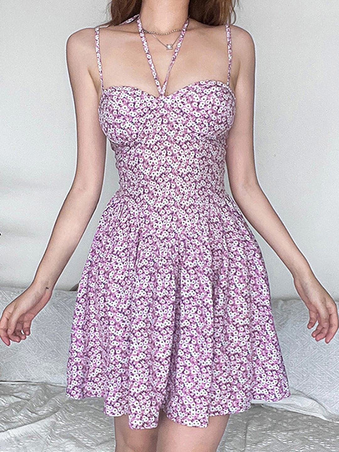 

LULU & SKY Floral Printed Sweetheart Neck Fit & Flare Mini Dress, Purple