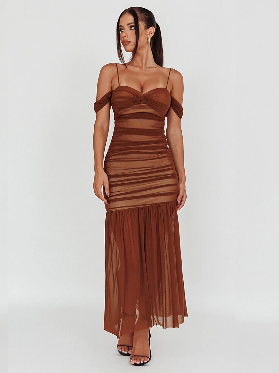 LULU & SKY Cold-Shoulder Sleeves Gathered Knitted Sheer Sheath Maxi Dress, Brown