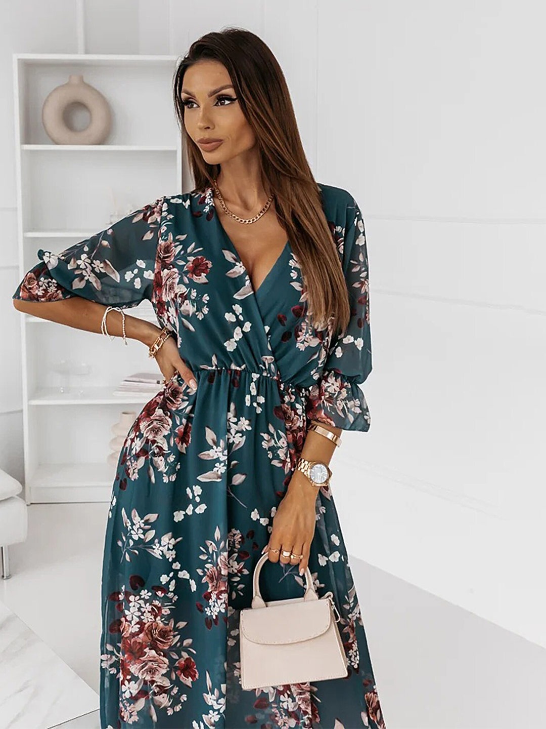 

LULU & SKY Floral Printed V-Neck Puff Sleeves A-Line Dress, Green