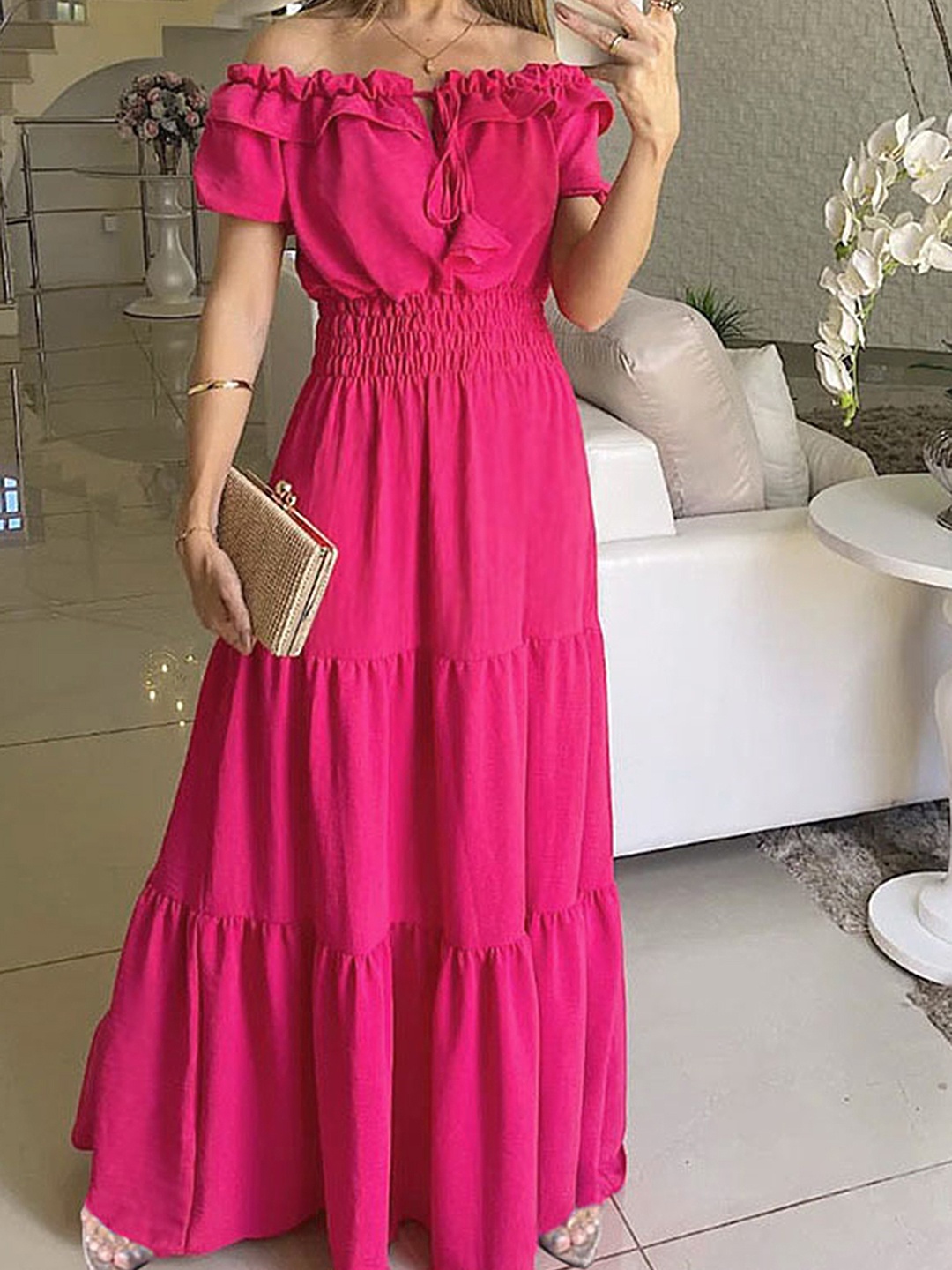 

LULU & SKY Off-Shoulder Puff Sleeve Smocked Tiered Fit & Flare Maxi Dress, Pink