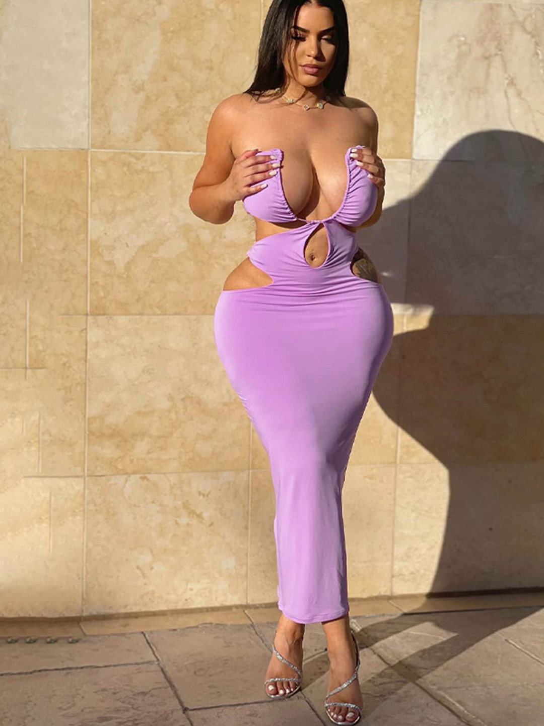 

LULU & SKY Strapless Cut-Out Detailed Bodycon Midi Dress, Purple