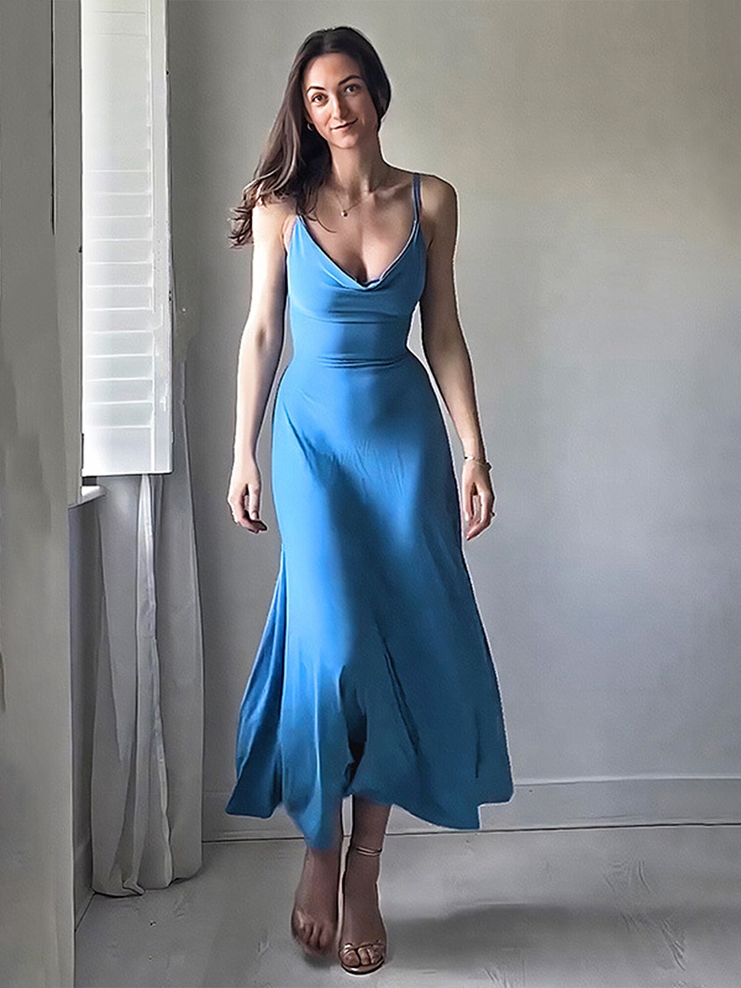 

LULU & SKY Cowl Neck Gathered Sheath Midi Dress, Blue