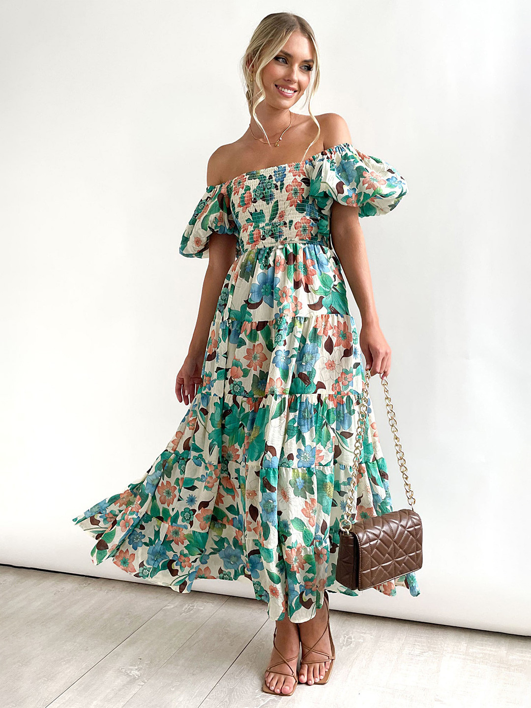 

LULU & SKY Green Floral Printed Off-Shoulder Tiered Smocked Maxi Dress