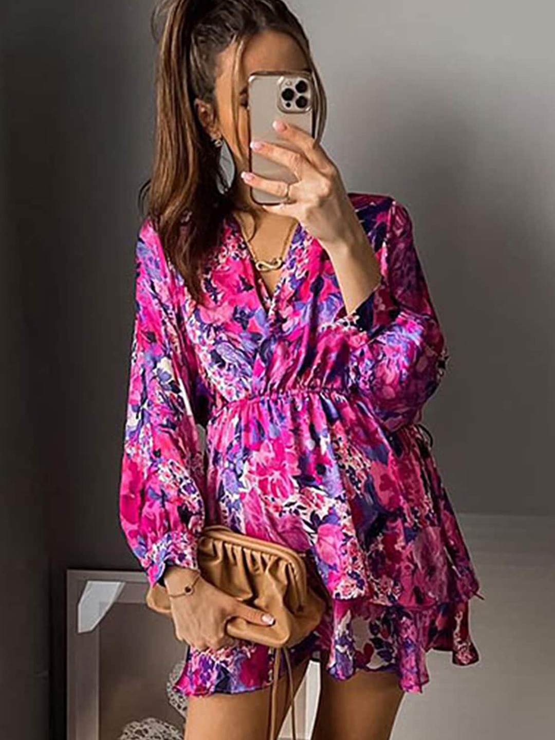 

LULU & SKY Floral Printed Puff Sleeves A-Line Mini Dress, Pink