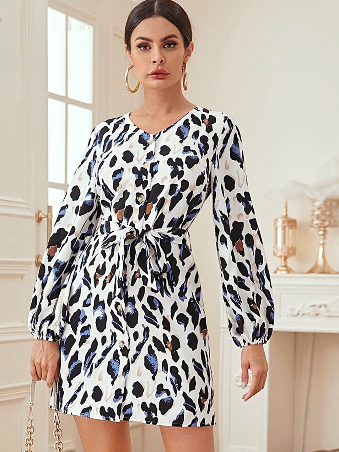 

LULU & SKY Abstract Printed Belted Fit & Flare Dress, White