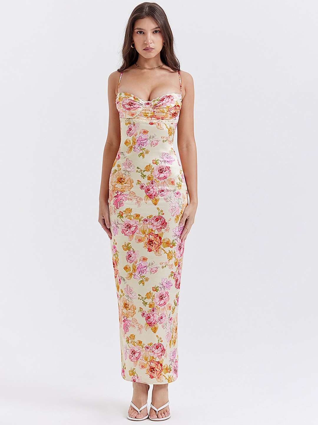 

LULU & SKY Floral Printed Shoulder Straps Maxi Dress, White