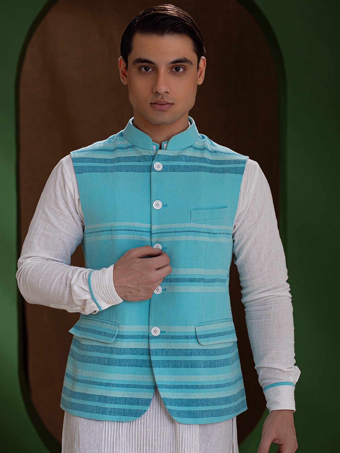 Earthpiece Striped Pure Cotton Woven Nehru Jacket, Turquoise blue