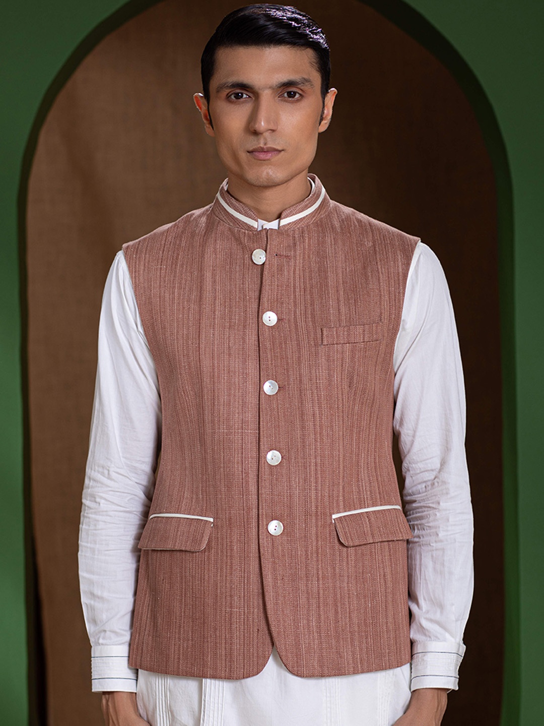 

Earthpiece Striped Woven Design Nehru Jacket, Brown