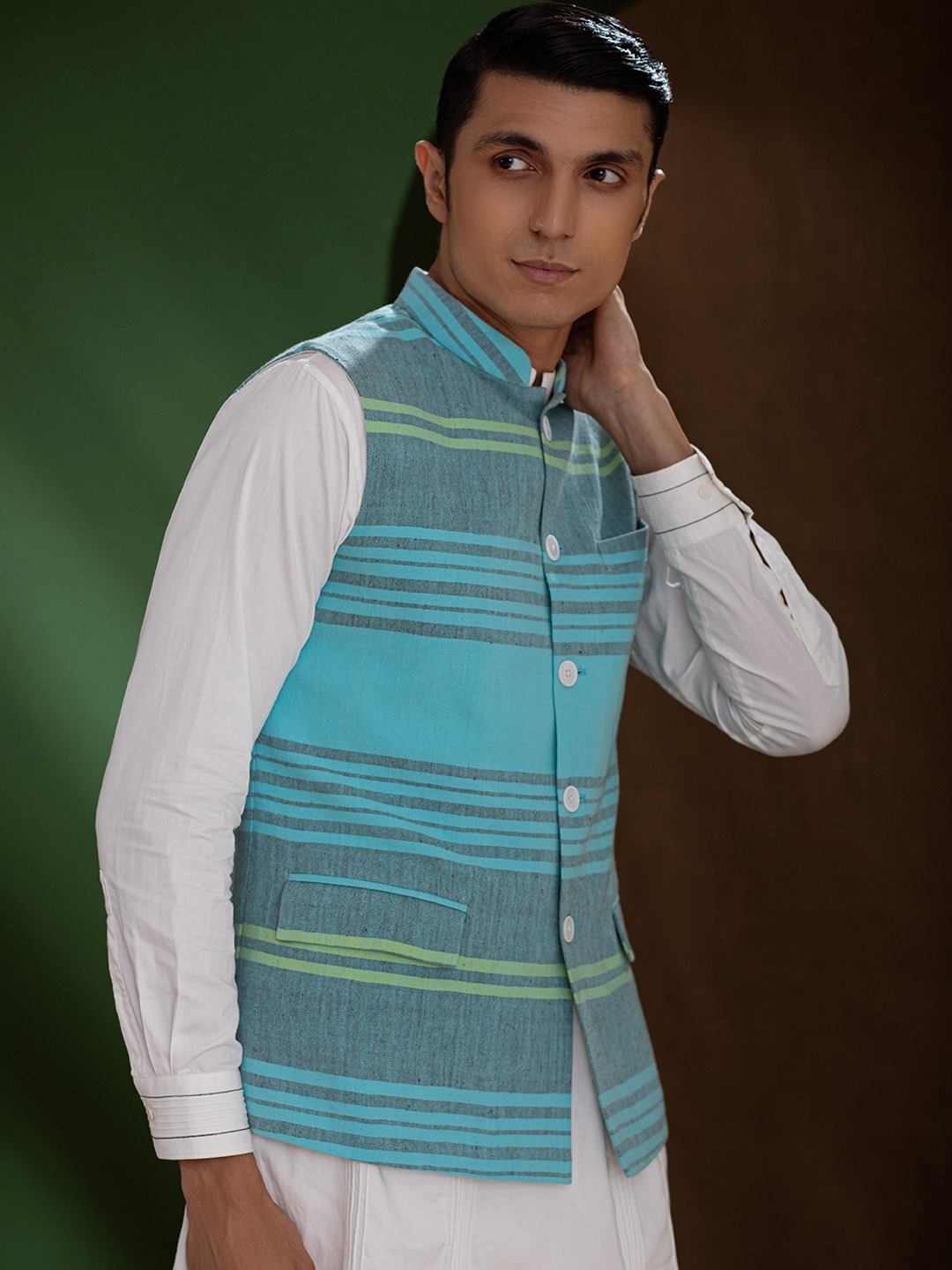 

Earthpiece Striped Cotton Nehru Jackets, Turquoise blue