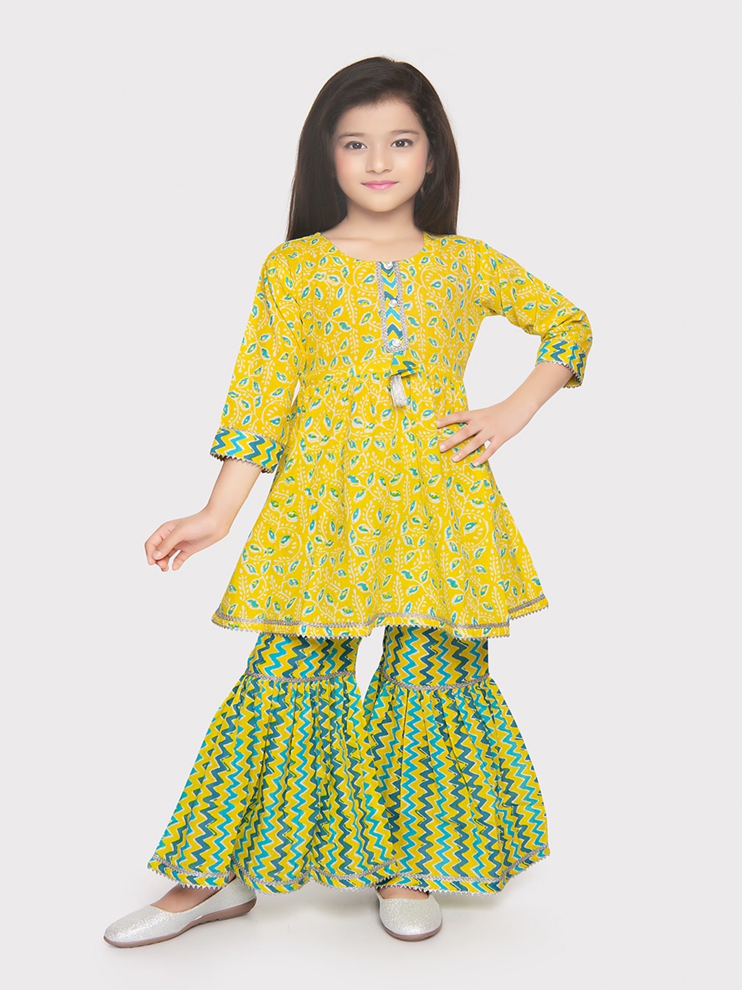 

BETTY Girls Ethnic Motifs Printed Gotta Patti Anarkali Kurti with Sharara, Yellow