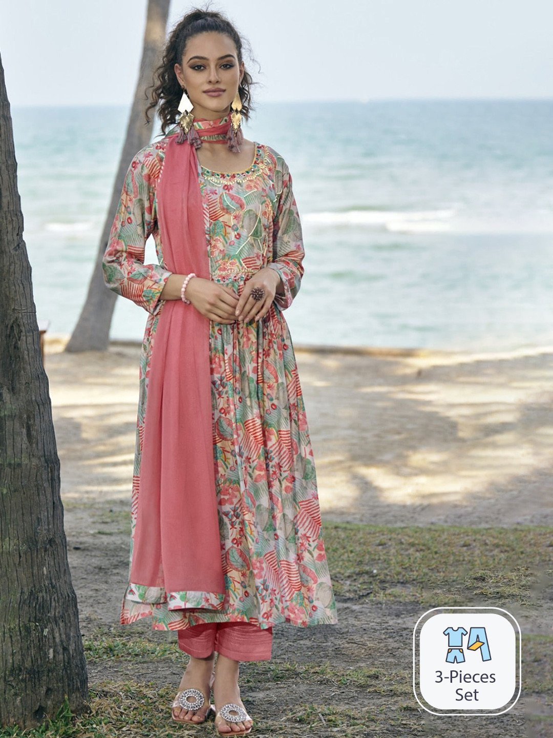 

AUTUMN LANE Floral Printed Regular Kurta with Trousers & With Dupatta, Pink
