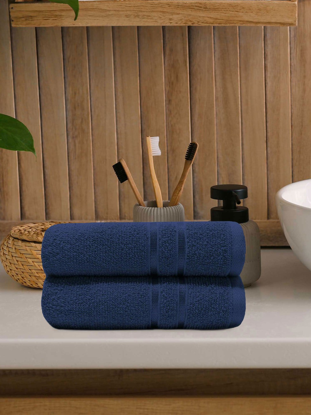 

MYTRIDENT 2-Pcs Navy Blue Pure Cotton Hand Towels