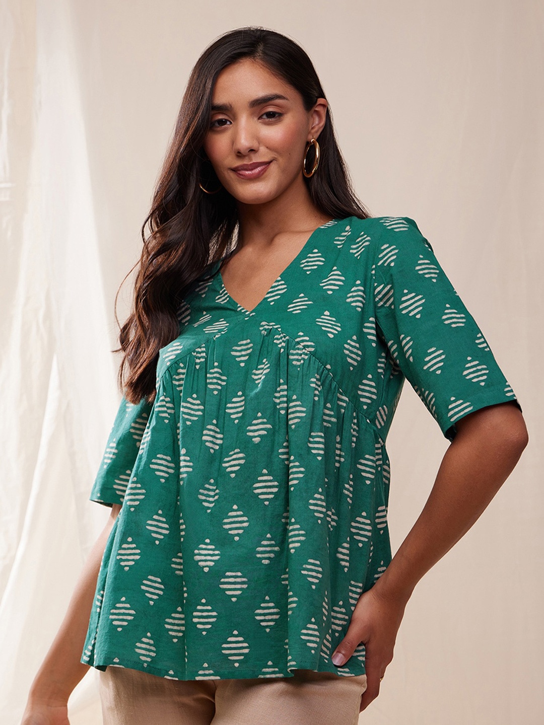 

Pink Fort Geometric Printed V-Neck Pure Cotton Top, Green