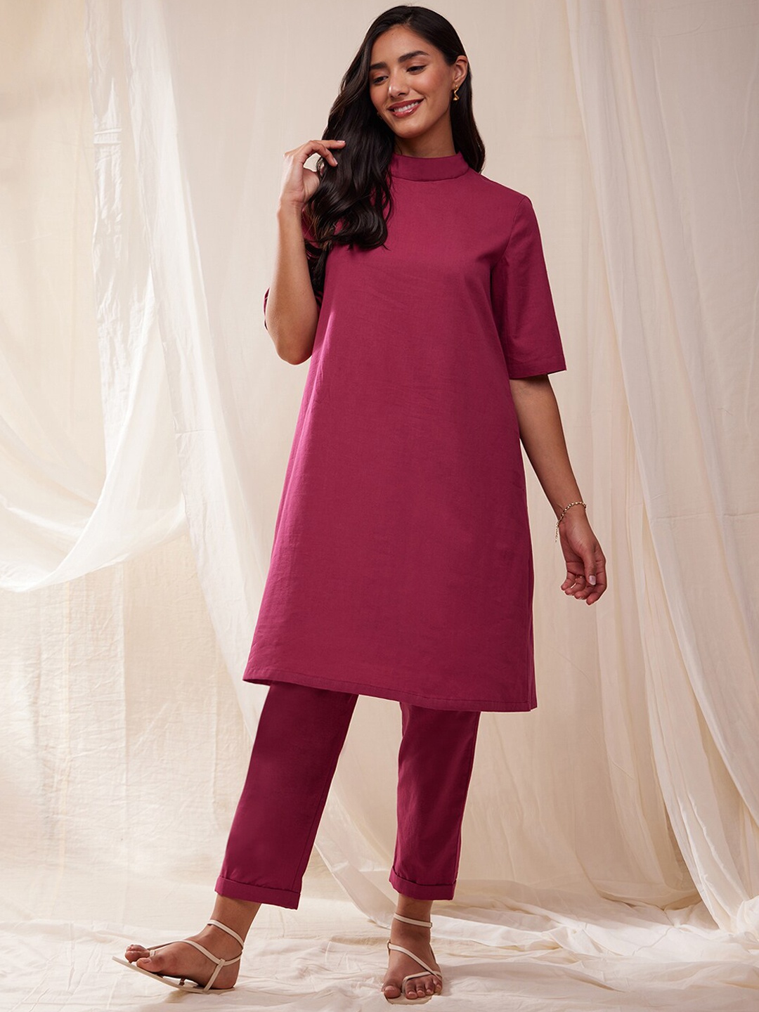Pink Fort Band Collar A-Line Kurta, Maroon