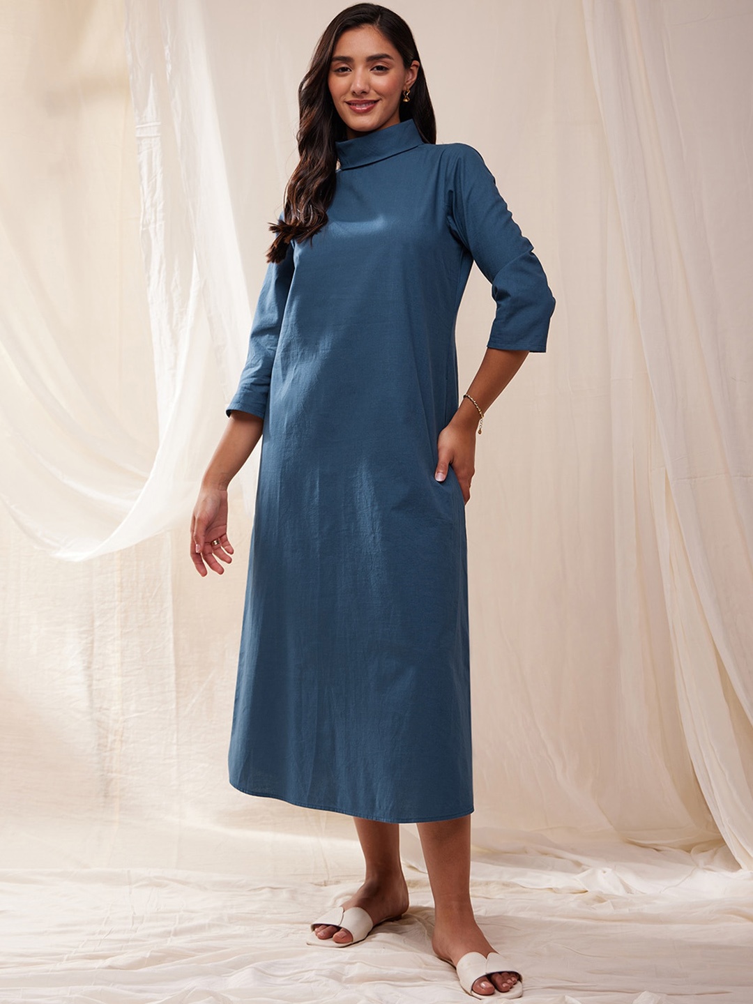 Pink Fort High Neck Cotton A-line Midi Dress, Blue