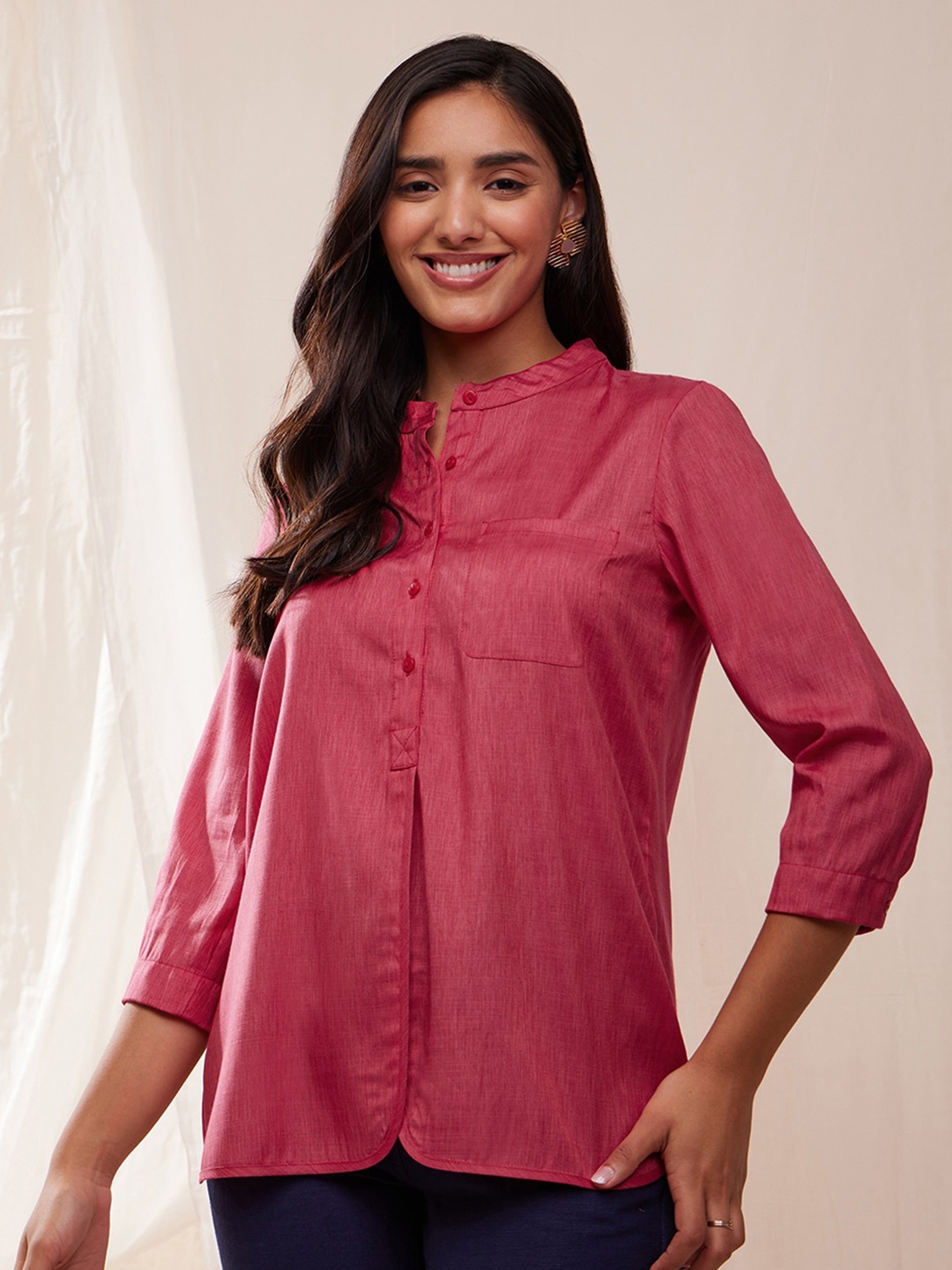 

Pink Fort Mandarin Collar Casual Shirt