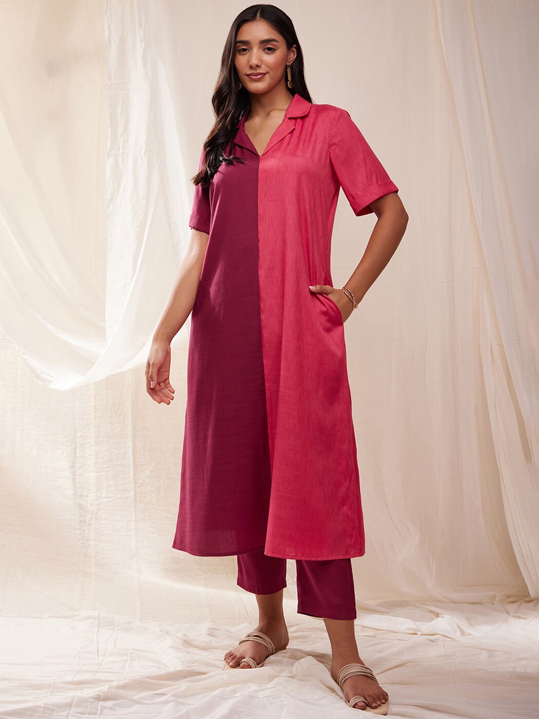 

Pink Fort Shirt Collar Kurta