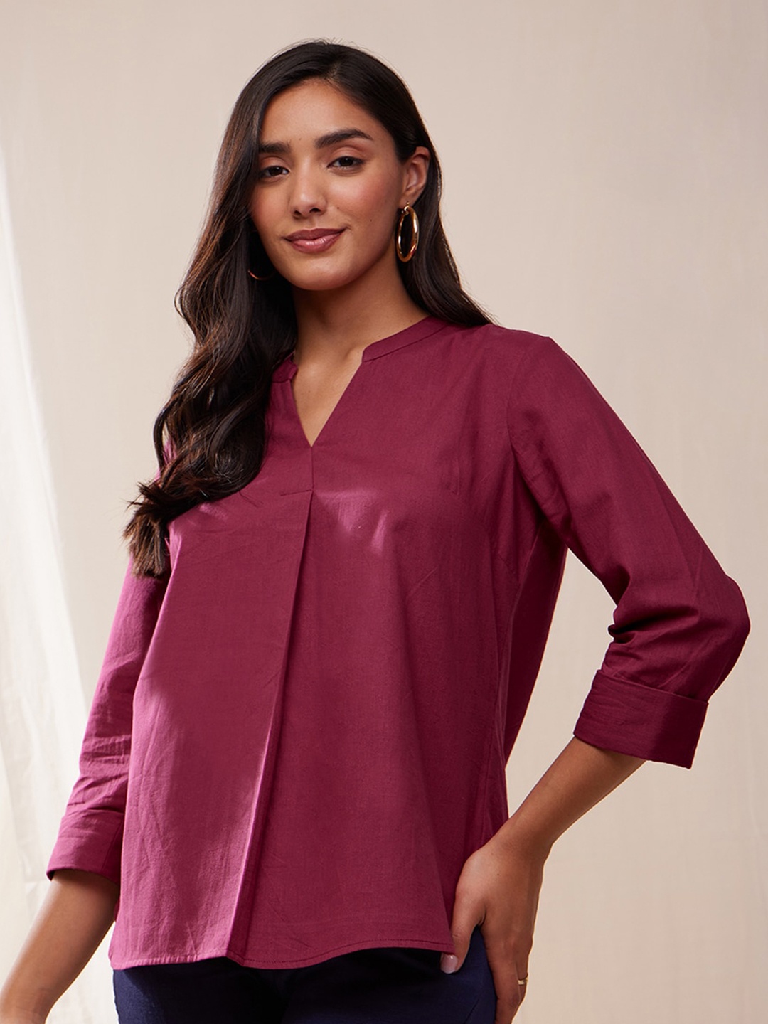 

Pink Fort Mandarin Collar Pure Cotton Casual Shirt, Maroon