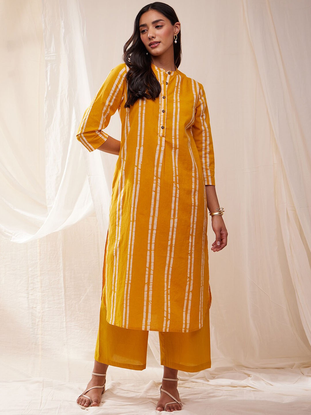 

Pink Fort Striped Mandarin Collar Pure Cotton Kurta With Palazzos, Yellow