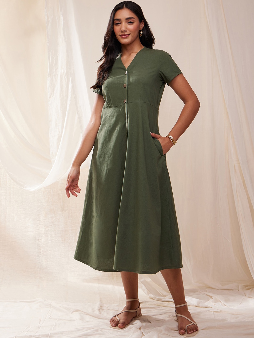 

Pink Fort A-Line Cotton Midi Dress, Green