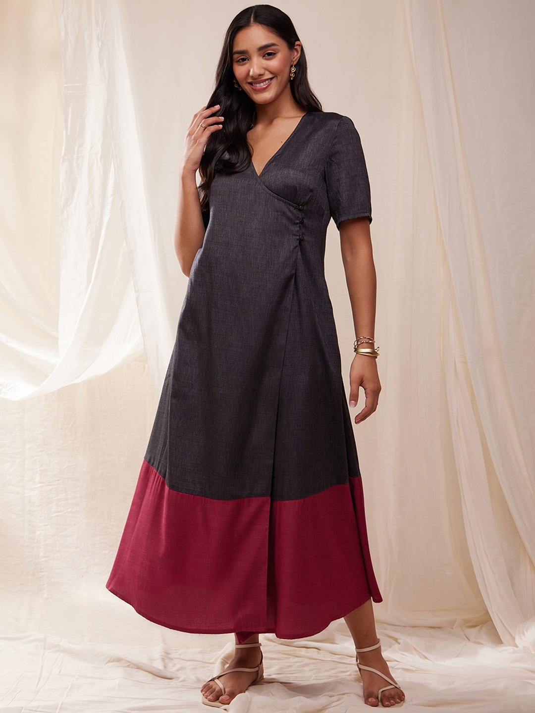 

Pink Fort Colourblocked V-Neck Wrap Midi Dress, Grey