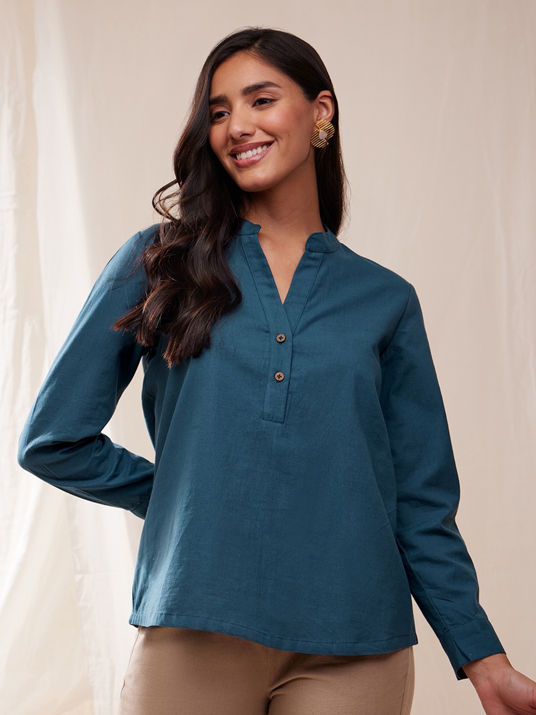 

Pink Fort Mandarin Collar Pure Cotton Shirt Styled Top, Teal