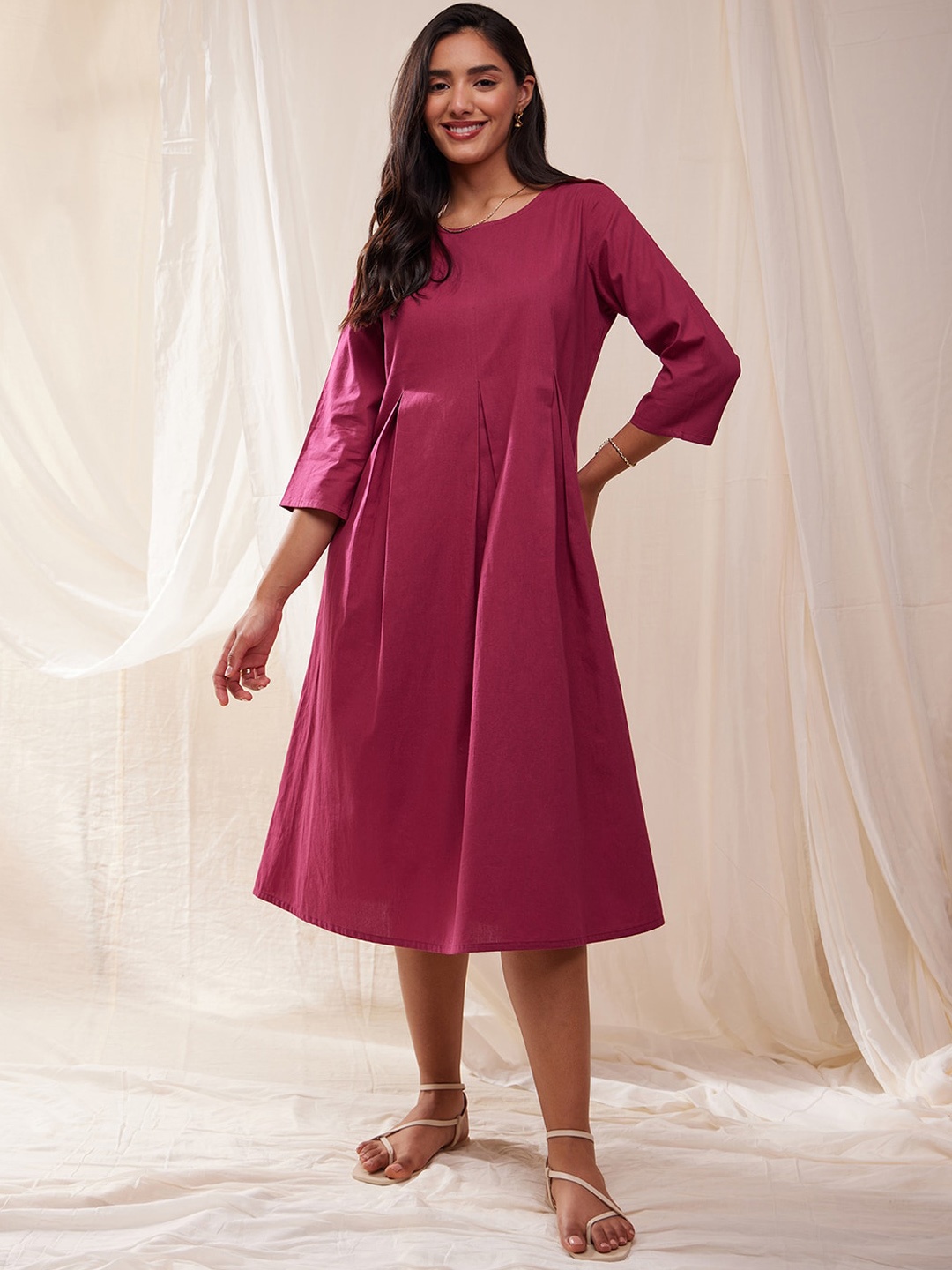 

Pink Fort Cotton A-line Midi Dress, Maroon