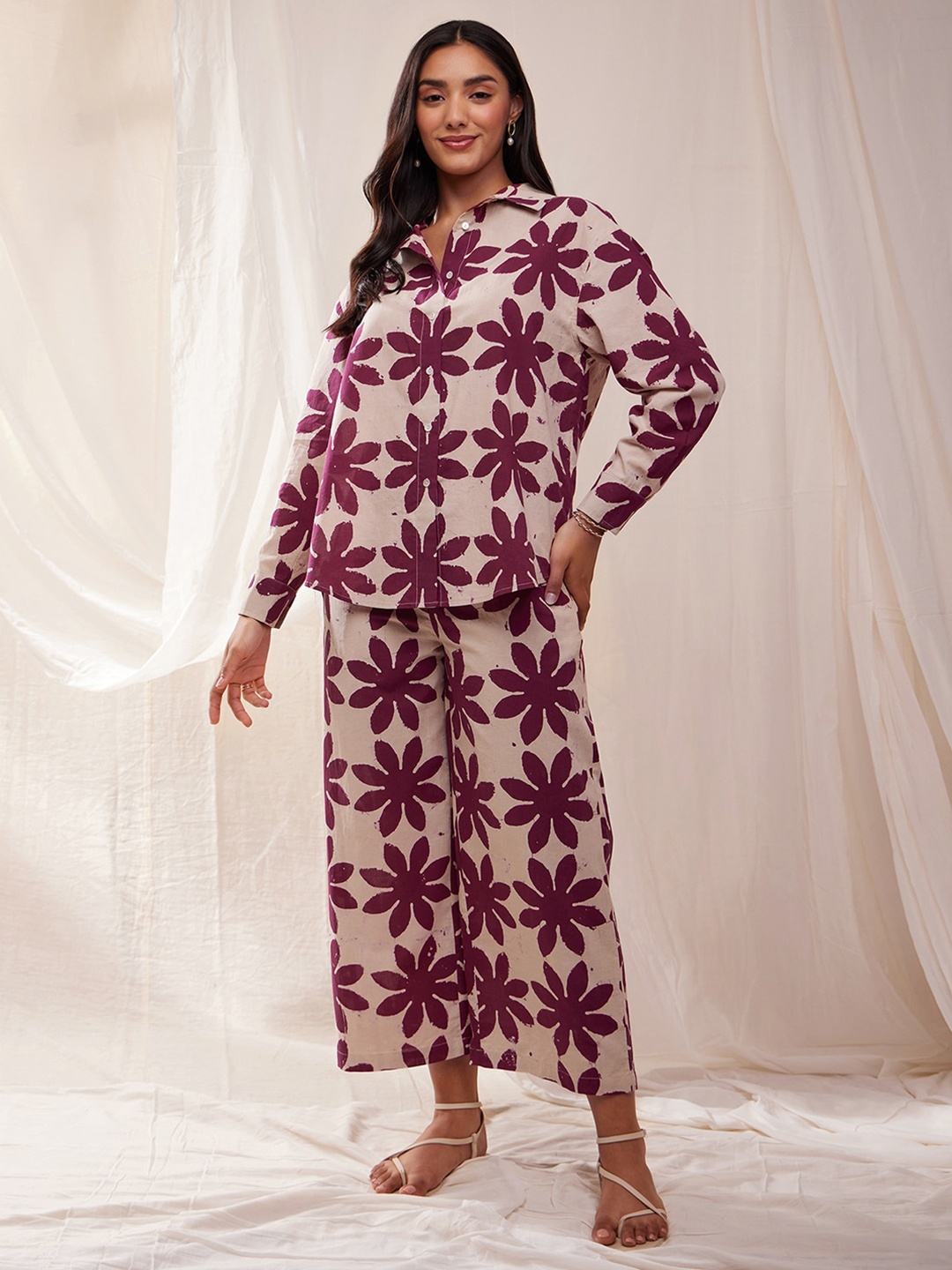 

Pink Fort Floral Printed Spread Collar Pure Cotton Shirt, Cream