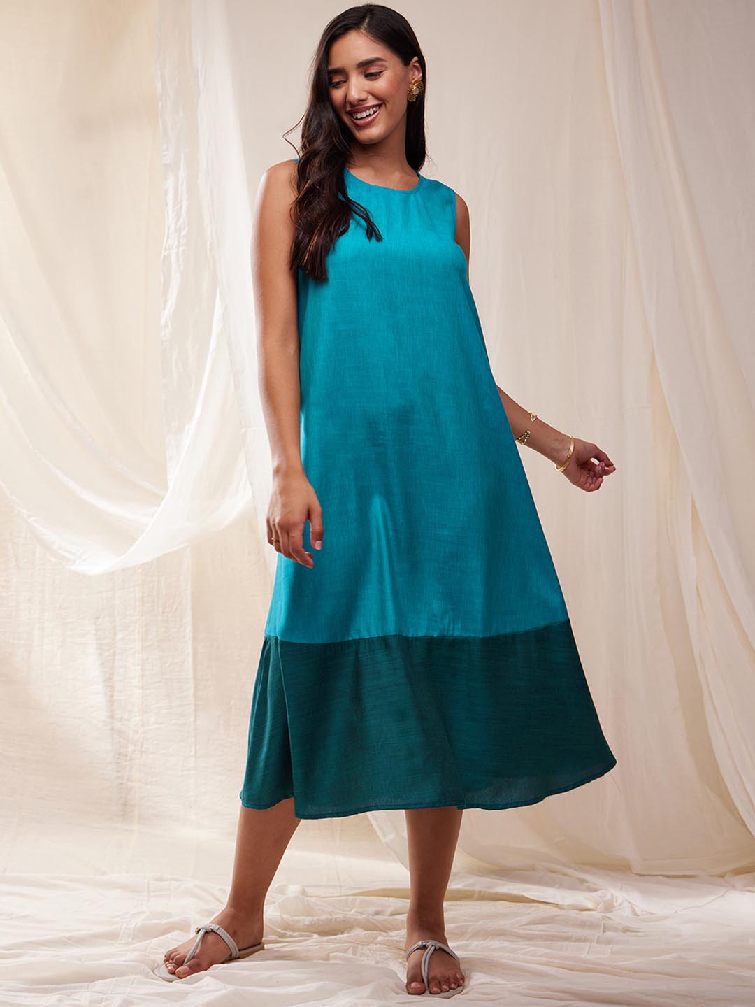 

Pink Fort Colourblocked A-Line Midi Dress, Teal