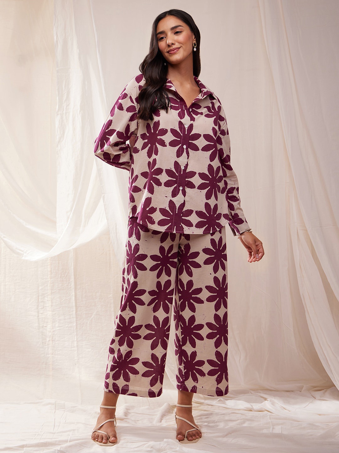 Pink Fort Floral Printed Pure Cotton Shirt & Palazzos, Burgundy
