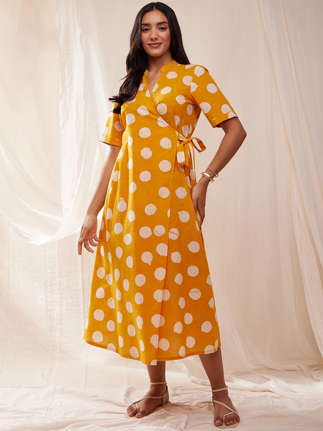 

Pink Fort Polka Dot Printed Cotton Wrap Midi Dress, Yellow