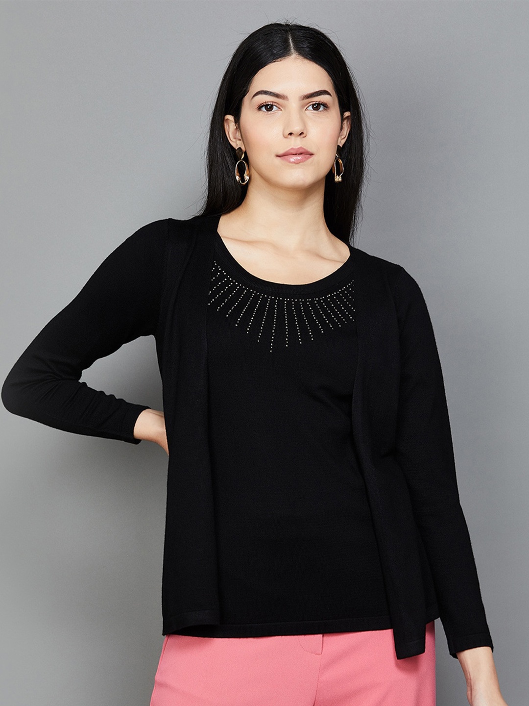 

CODE by Lifestyle Embellished Cotton Knit Top, Black